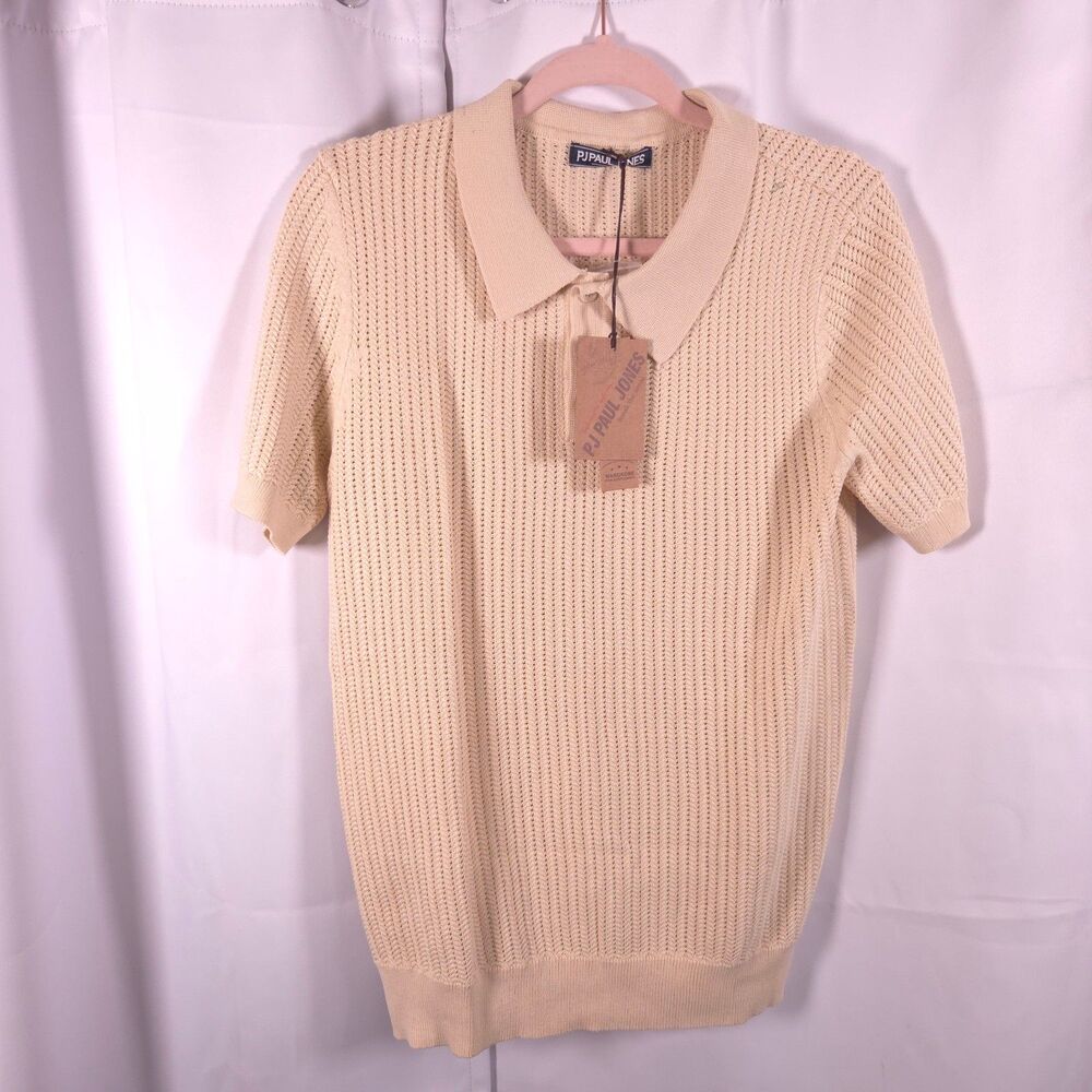 NWT PJ Paul Jones Beige Open Knit Polo Short Sleeve Sweater Mens Small